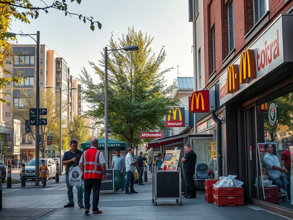 Katowice: Logo TAURON i McDonald's na tle symboli zielonej energii i nowoczesnej architektury miasta, ilustrujące Katowice zielona energia i gospodarka.