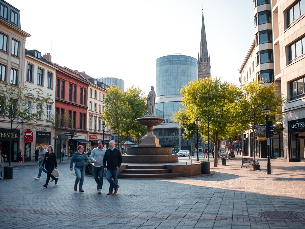 Herb Katowic na tle nowoczesnej panoramy miasta, symbolizujący jego rozwój gospodarczy i kulturowy.